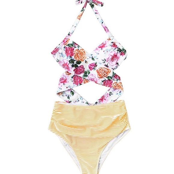 Cupshe Floral & Striped Wrap Top Monokini … - Picture 5 of 6